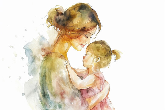 watercolor hand draw Mother holding her daughter on white background