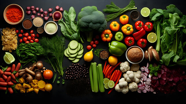 High Angle Shot of Mixed Fresh and Processed Food Ingredients in Artful Arrangement