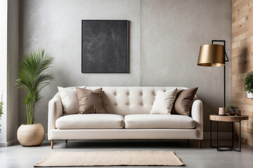 white tufted sofa against concrete wall with art poster mock up. Minimalist, loft, urban home interior design of modern living room.