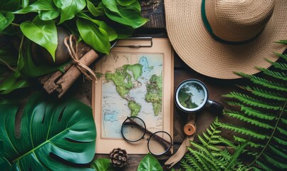 Vintage Travel Map with Tropical Adventure Gear