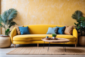 Yellow curved sofa with blue cushions and round rustic wood coffee table against stucco wall. Boho home interior design of modern living room.
