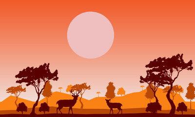 African savanna at sunset. Silhouettes of animals and plants. Realistic vector landscape. The nature of Africa. Reserves and national parks.