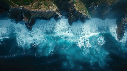 Sea with waves hitting rocks seen from above. - obrazy, fototapety, plakaty