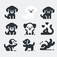 Set of puppy icons in black outline on white background. Very simple design. Isolated vector illustrations.