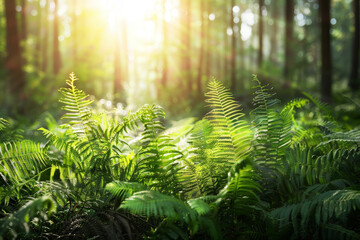 A sun-dappled forest glade, where fairies dance among the ferns