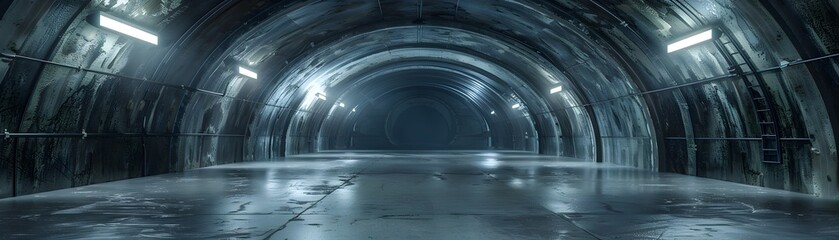 Abandoned Military Base: Vast Underground Concrete Tunnel in a Desolate Sci-Fi Setting