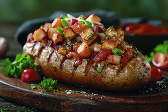 Close-up of Gourmet Baked Potato with Toppings on Wooden Tray Gen AI