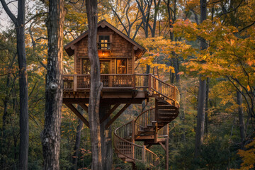 Fototapeta na wymiar A cozy treehouse perched high in the branches, accessible by a winding staircase