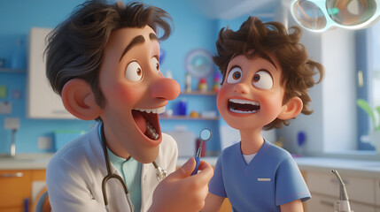 3d cartoon of a male dentist examine the boy's teeth