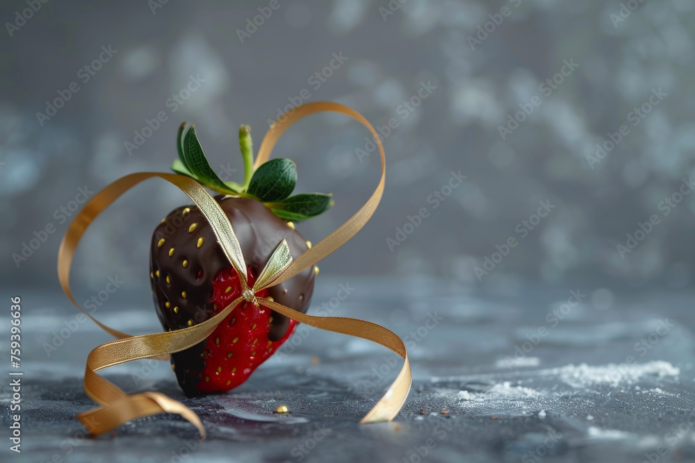 Canvas Prints a chocolate-covered strawberry with a gold ribbon around it