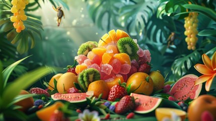 Obraz na płótnie Canvas Exotic fruit shaved ice in a 3D cartoon jungle