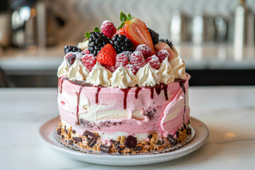 a cake with ice cream and fruits on top