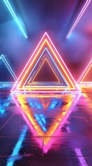 Futuristic Triangle Geometry: Vibrant Neon Lights Radiating Dynamic Patterns on the Wet Floor
