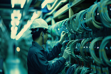A cable tunnel, fiber-optic cables neatly organized, technicians splicing connections, ensuring...