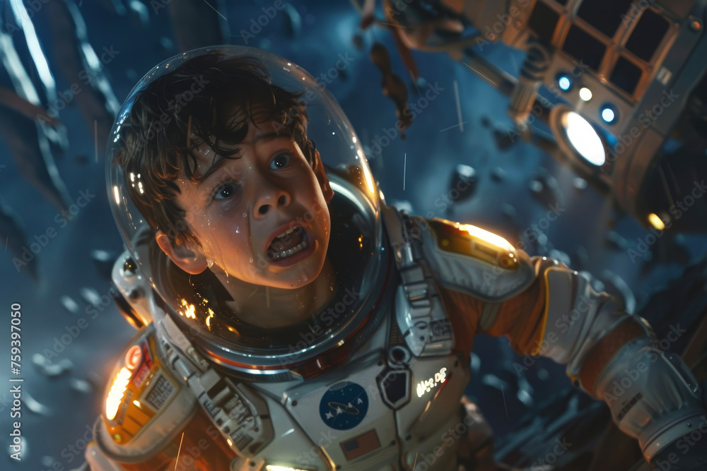 Poster a boy in a spacesuit, floating in space, crying, with a broken spaceship behind him