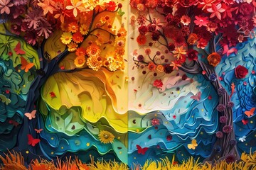 A paper cut representation of the four seasons each depicted in a quadrant of vibrant colors - obrazy, fototapety, plakaty