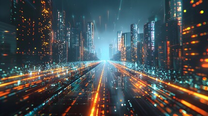 Glowing Data Streams in Futuristic Digital Cityscape - Symbolizing Technological Advancement in Urban Design
