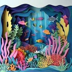 A paper cut underwater scene featuring a coral reef and diverse marine life