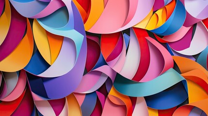 An abstract geometric pattern made from overlapping layers of cut paper in vibrant colors
