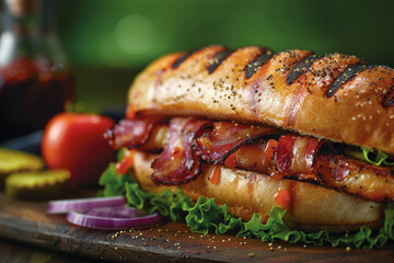 Gourmet BLT Sandwich Close-up on Wooden Tray with Cinematic Background Gen AI
