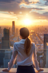 Fototapeta premium Ambitious businesswoman picturing investment opportunities at sunset in urban cityscape