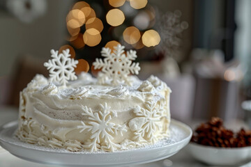 a benta cake with a snowflake decoration and a merry Christmas note