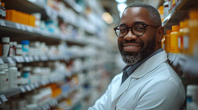 Close-up profile picture of a black male pharmacist - pharmacy - medicine - filling subscriptions - smiling and confident  