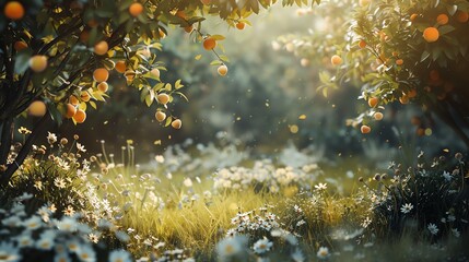 Beautiful summer orange grove with blooming flowers and sunshine - obrazy, fototapety, plakaty