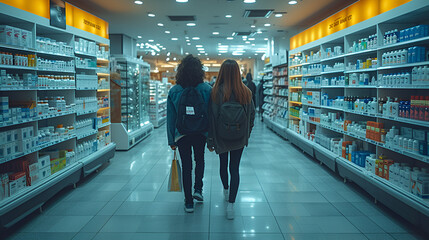 Pharmacy isle - people shopping - low angle shot - medicine and medical supplies - retail - stylish - fluorescent lighting  - obrazy, fototapety, plakaty