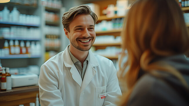 Close-up profile picture of a male pharmacist - pharmacy - medicine - filling subscriptions - smiling and confident  