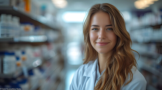 Close-up profile picture of a female pharmacist - pharmacy - medicine - filling subscriptions - smiling and confident  