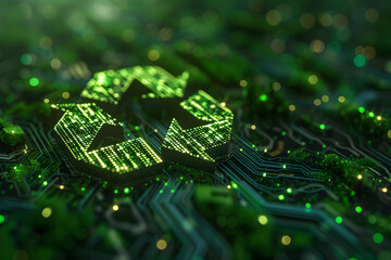 An opaque image of a recycling symbol with embossed digital patterns representing sustainable innovations, against a dark green background. - obrazy, fototapety, plakaty