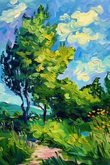 tree field path foreground portrait swirling energy expressive faces greens bold strokes album cover sunny day background left hand garden
