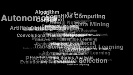 Artificial intelligence texts on black background with technology lettering and neural network algorithm