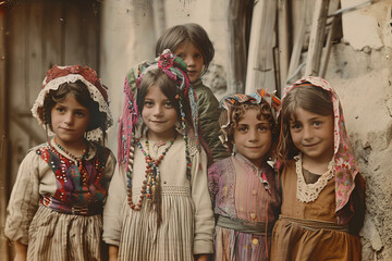 A postcard of a young girl with her friends in a foreign country