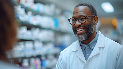 Fototapeta premium Close-up profile picture of a black male pharmacist - pharmacy - medicine - filling subscriptions - smiling and confident 