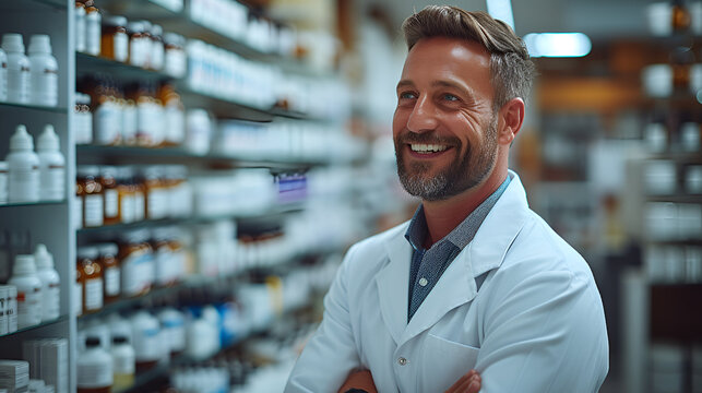 Close-up profile picture of a male pharmacist - pharmacy - medicine - filling subscriptions - smiling and confident  