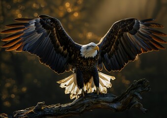 Obraz premium eagle landing branch wings spread flag radiant light golden rays sunlight armed imposing magazine arms ready fly raised hand torchlit