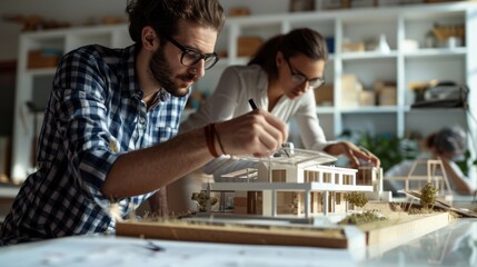 A young architect check and working on a house model in white office with colleague