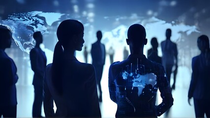 Silhouette business multinational team standing in front of world map with digital technology background. Partners of business. Global Business Communications and Teamwork