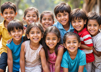 A group of children from India are smiling and hugging for the camera