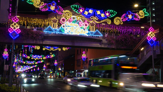Geylang Serai Lights Up 2024: Celebrate Ramadan Holy Month of Muslims with Vibrant Street Decorations, Busy Roads Car Passing, and Festivities in Singapore, Eid Mubarak, Salam Aidilfitri Hari Raya