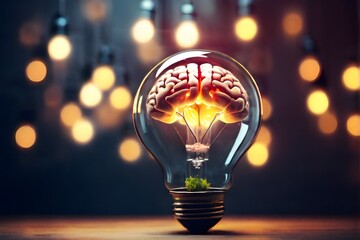 Glowing human brain inside of light bulb isolated on bokeh background. Mental health concept, brain thinking, smart response, solution, education, mind, business bright idea, smart thinking idea. - obrazy, fototapety, plakaty