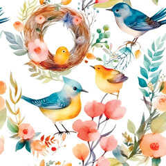 Watercolor hand drawn painting colorful exotic birds and nest floral seamless pattern. Spring summer vector background with branches, birds, flowers, leaves. Drawing watercolor repeat backdrop.