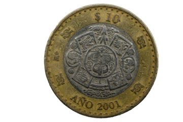 Moneda de 10 pesos del Año 2001 reverso el calendario azteca