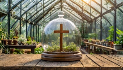 greenhouse in the garden with cross or flower in a greenhouse and in cross