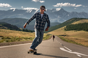 Happy adult skateboarder rides on longboard at straight mountain road