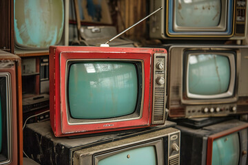 Antique televisions with rabbit ear antennas in vintage ambient. - obrazy, fototapety, plakaty