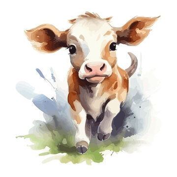 Cute cow cartoon running in watercolor painting style