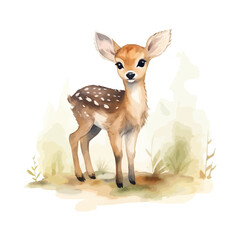 cute deer cartoon standing in watercolor painting style